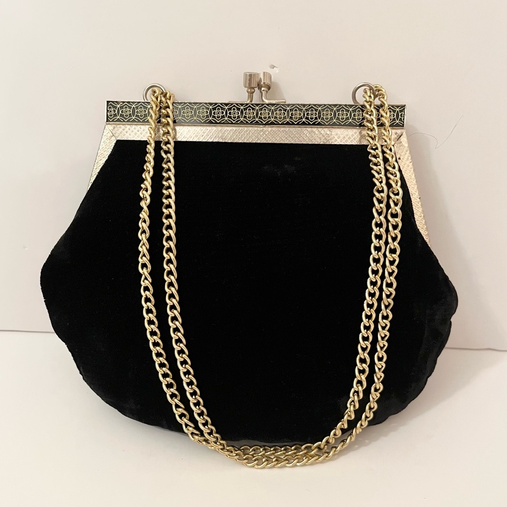 Vintage Black Velvet Evening Bag with Ornate Gold-Tone Kiss-Lock Frame & Chain